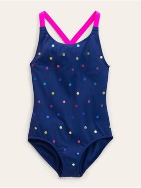 Mini Boden Cross-Back Printed Swimsuit Rainbow Foil Confetti Spot Size 9-10Y